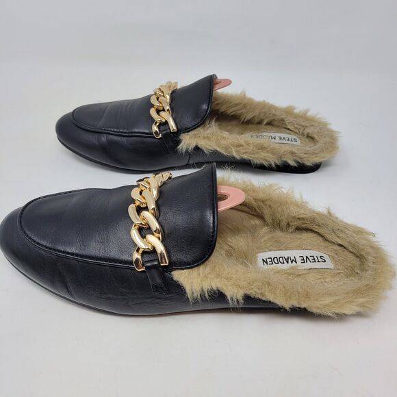 Steve Madden size 8 Raam fur Mule Klaire Leather Slide Slippers Gold Black flats - Picture 2 of 7